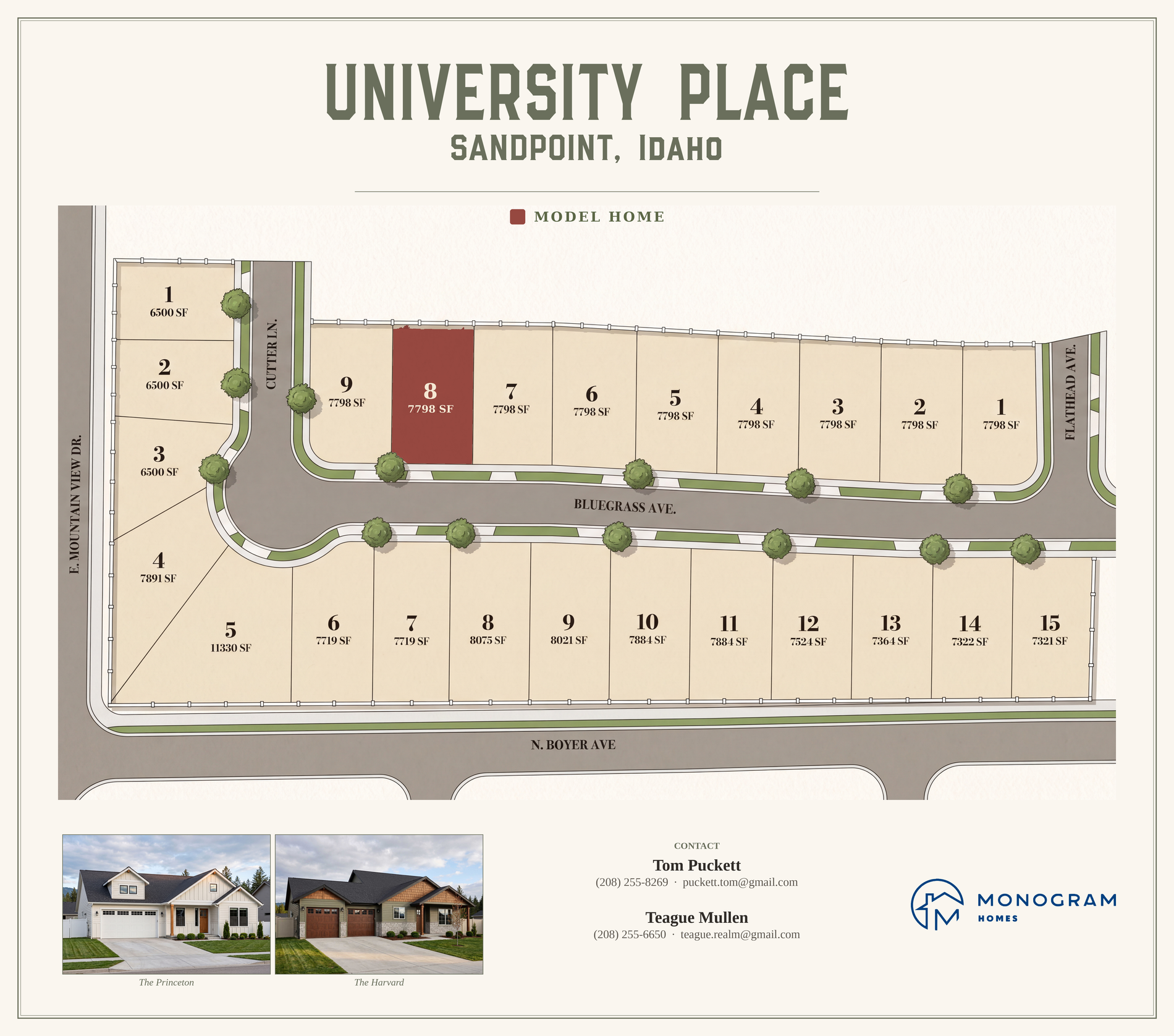 University Place site plan — community outline, streets, and Lot 8 model home